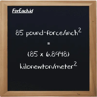 How to convert pound-force/inch<sup>2</sup> to kilonewton/meter<sup>2</sup>: 85 pound-force/inch<sup>2</sup> (lbf/in<sup>2</sup>) is equivalent to 85 times 6.8948 kilonewton/meter<sup>2</sup> (kN/m<sup>2</sup>)